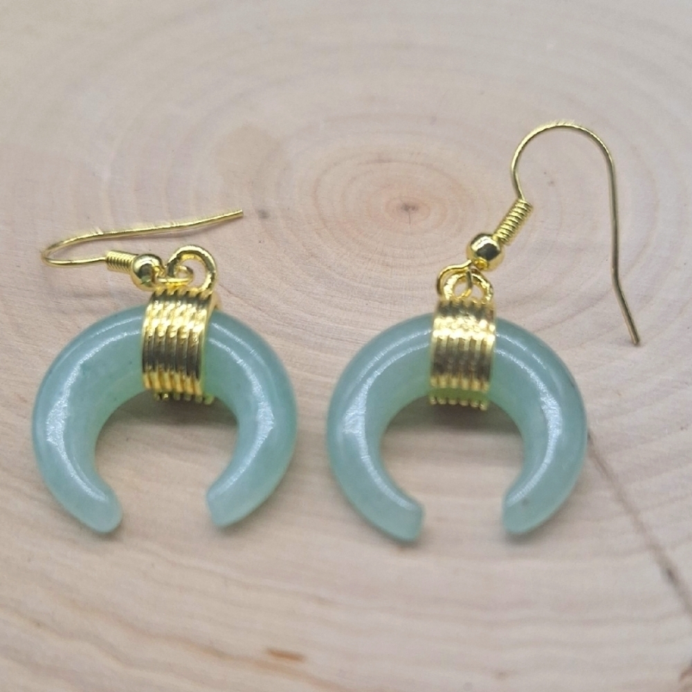 Green Aventurine Crescent Earrings | Gold-Plated | Luck & Prosperity Crystal - Picture 1 of 4
